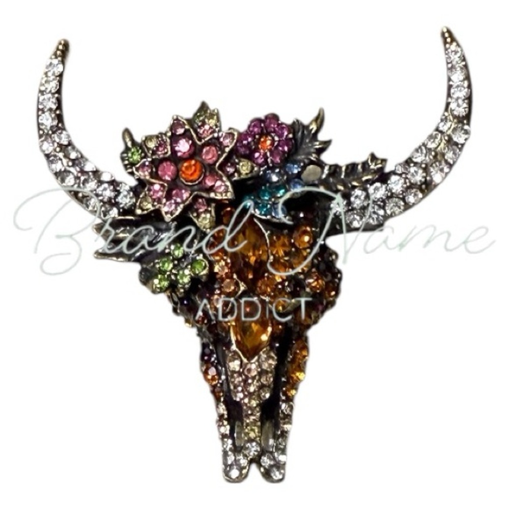 PRICE IS FIRM - Southwestern Brassy Tone Rhinestone Floral Skull Brooch